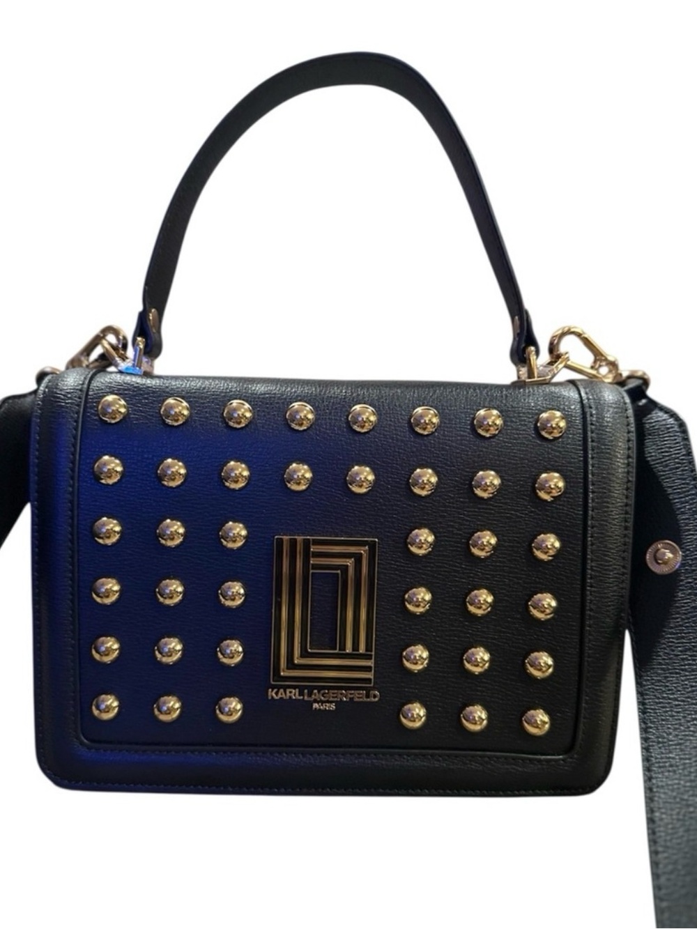 NWT Karl Lagerfeld Black Leather Studded Shoulder Bag with Gold Hardware